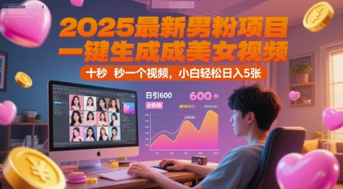 2025最新男粉项目，一键生成美女视频，日引600+色粉 十秒一个视频，小白轻松日入5张【揭秘】-米秀网