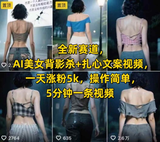 全新赛道，AI美女背影杀+扎心文案视频，一天涨粉5k，操作简单，5分钟一条视频-米秀网