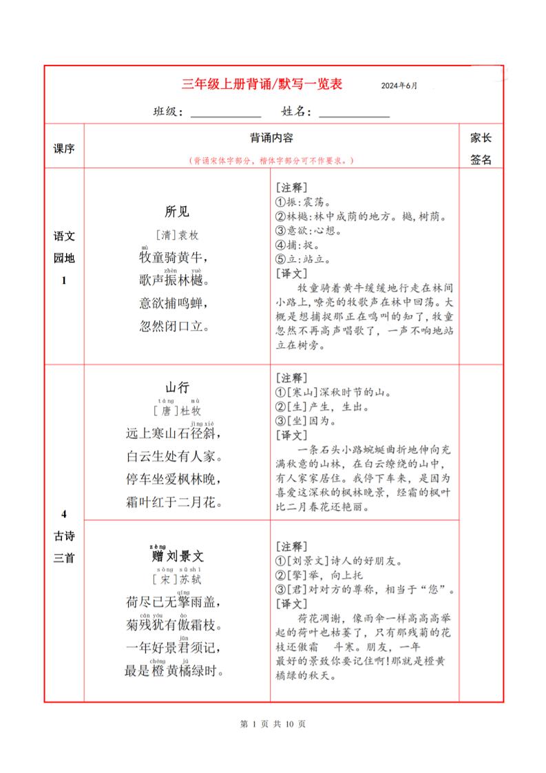 三上语文必背内容+默写表-米秀网