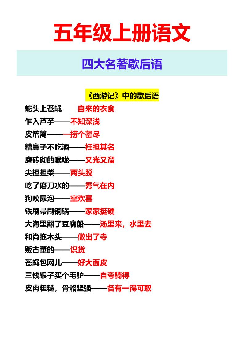 【2025秋新版】五年级上册语文四大名著歇后语插图1