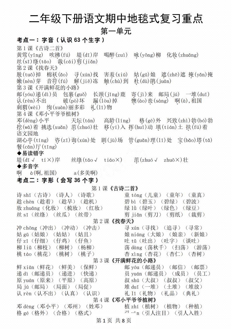 二年级下册语文期中地毯式复习重点8页-米秀网