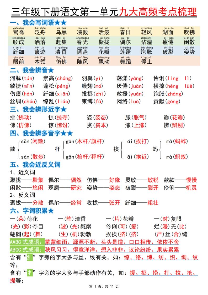三下语文期中复习1-4单元高频考点梳理（11页）-米秀网