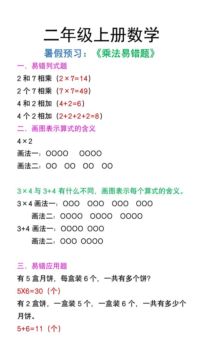 二年级上册数学暑假预习《乘法易错题》-米秀网