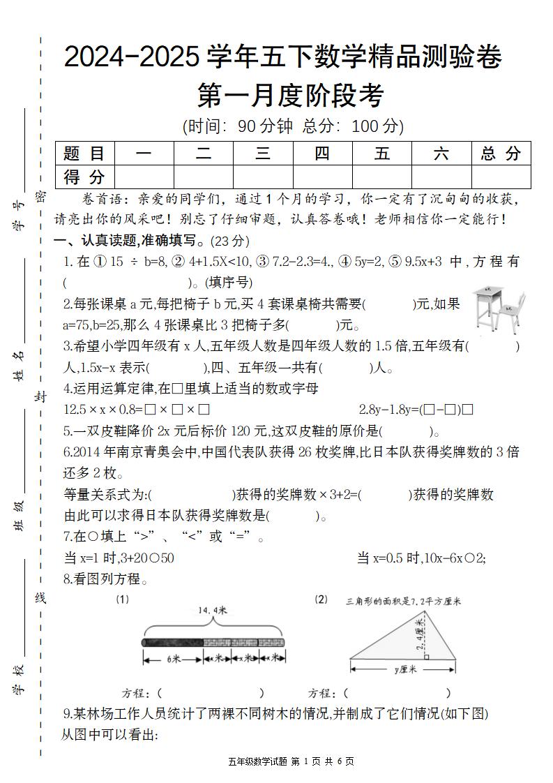 【苏教版】2024-2025学年五下数学第一月度阶段考精品测验卷-米秀网