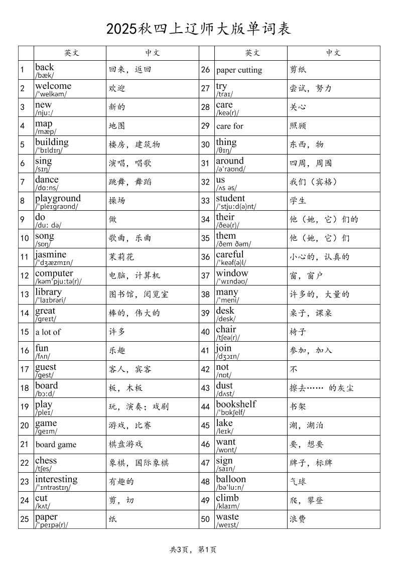 2025秋四上英语辽师大版单词表-米秀网