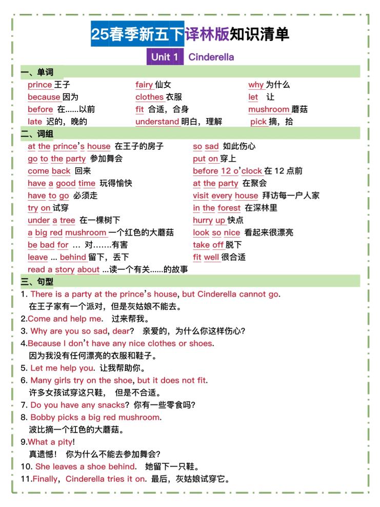 五下译林英语知识清单-米秀网