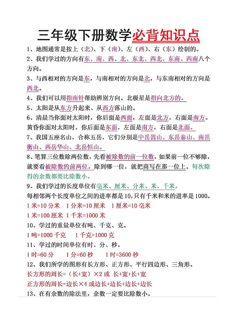 三下数学必背26个重点知识-米秀网