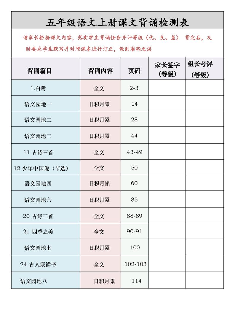 五年级语文上册课文背诵检测表-米秀网