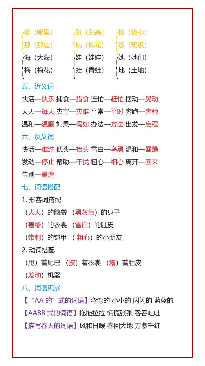 【2025秋新版】二年级语文上册必考1-4单元期中考点归纳插图1