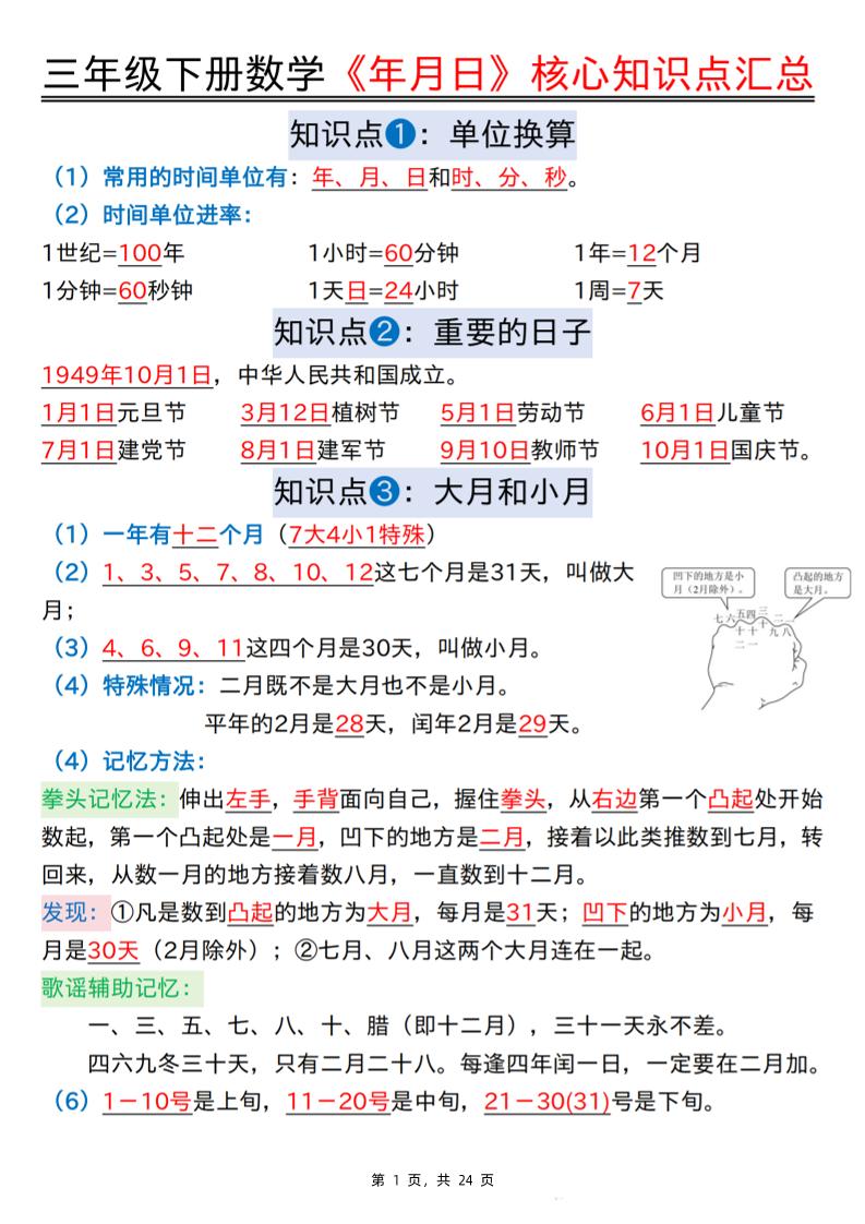 三下数学《年月日》核心知识点汇总+计算技巧+六大考点必刷题（练习+答案24页）-米秀网