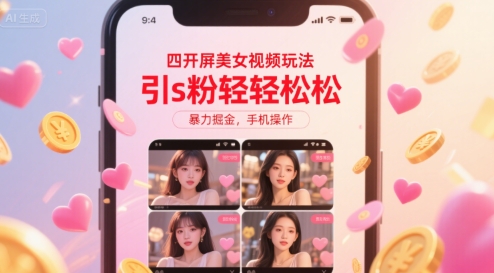四开屏美女视频玩法，引s粉轻轻松松，暴力掘金，手机操作【揭秘】-米秀网