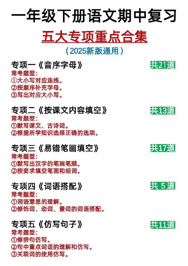 25新一下语文期中复习五大专项重点合集14页-米秀网