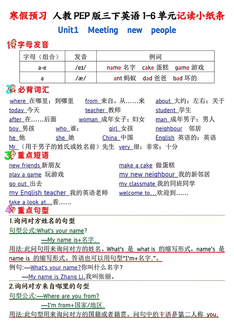 人教PEP版三下英语1-6单元记读小纸条-米秀网