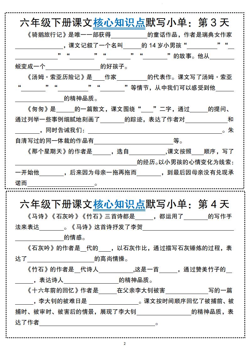 六年级下册语文课文核心知识点默写小单插图1