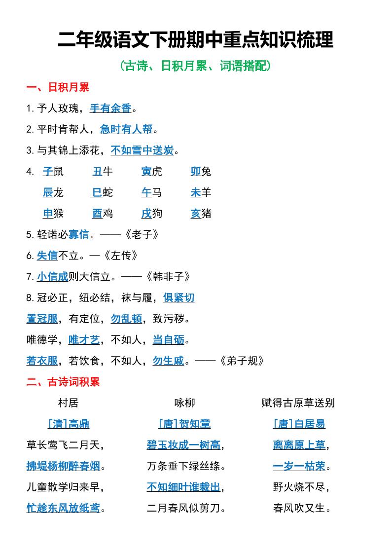 二年级语文下册期中重点知识梳理6页-米秀网