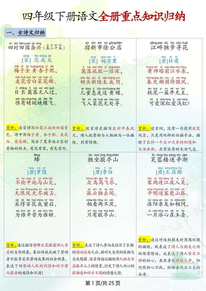 四下语文全册重点知识归纳-米秀网