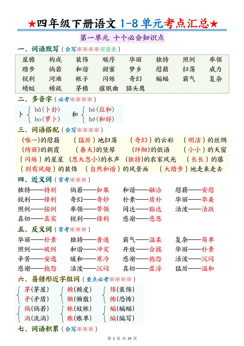 四下语文期末1-8单元十大考点必背-米秀网
