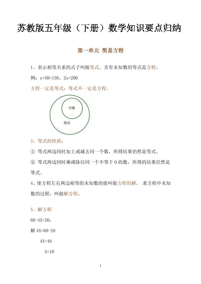 五下数学：苏教版数学知识点归纳-米秀网