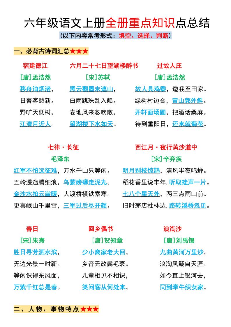 六年级上册语文全册重点知识点总结-米秀网