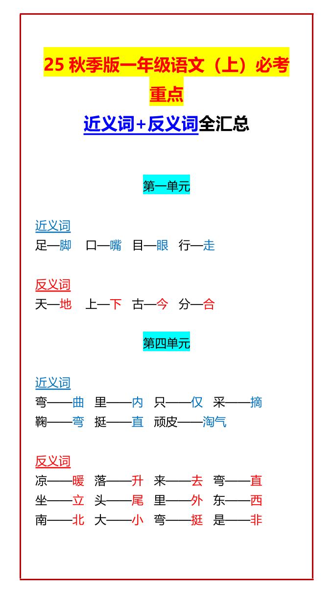 【2025秋新版】一年级语文上必考重点近义词+反义词全汇总-米秀网