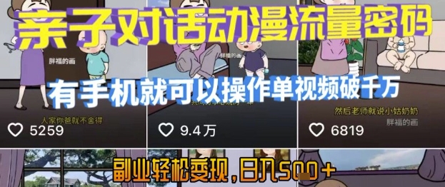 AI引爆短视频，亲子对话动漫流量密码，有手机就可以操作，单视频破千万播放，副业轻松变现，日入5张【揭秘】-米秀网