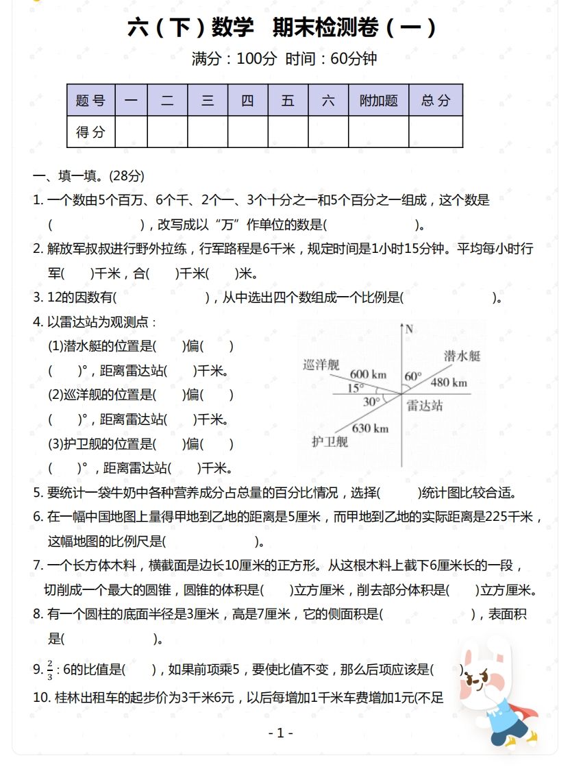 苏教版-六年级下册数学期末检测卷（一）-米秀网