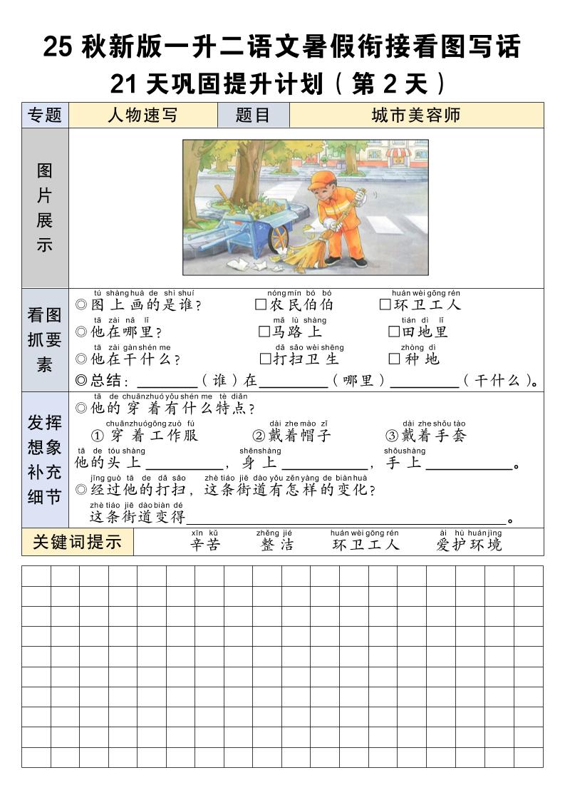 25秋新版一升二语文暑假衔接看图写话21天巩固提升计划21页-二上语文插图1