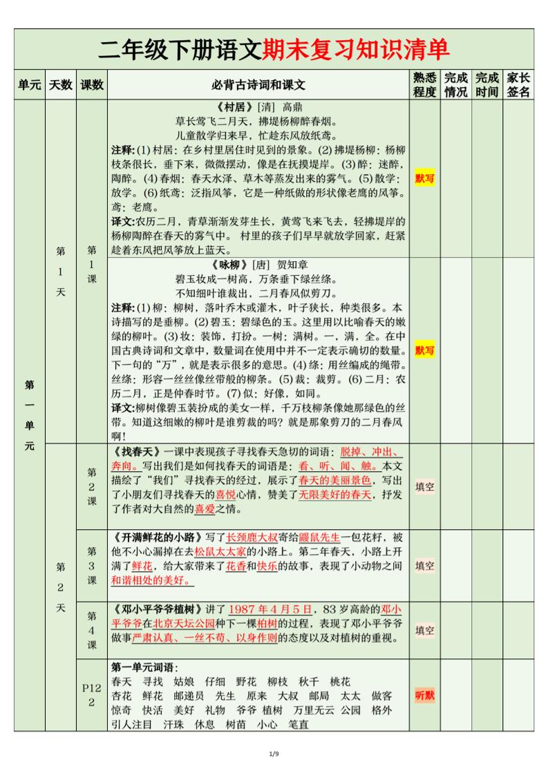 二年级下语文期末复习计划清单-米秀网