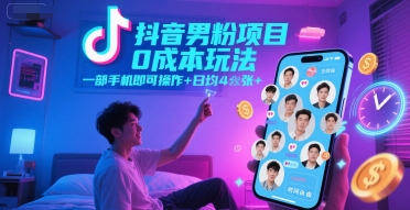 抖音男粉项目0成本玩法，一部手机即可操作，日均4张+，时间自由-米秀网