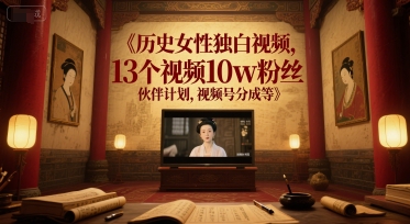历史女性独白视频，13个视频10w粉丝，伙伴计划，视频号分成等-米秀网
