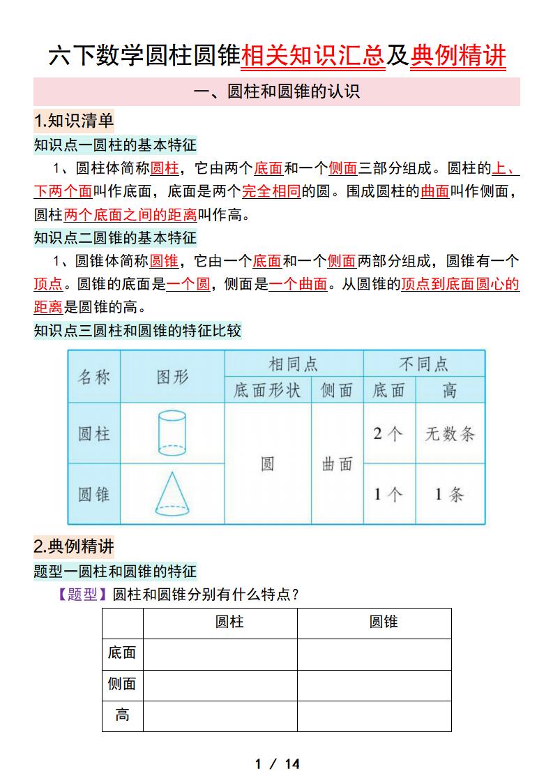 六下数学圆柱圆锥相关知识汇总及典例精讲-米秀网