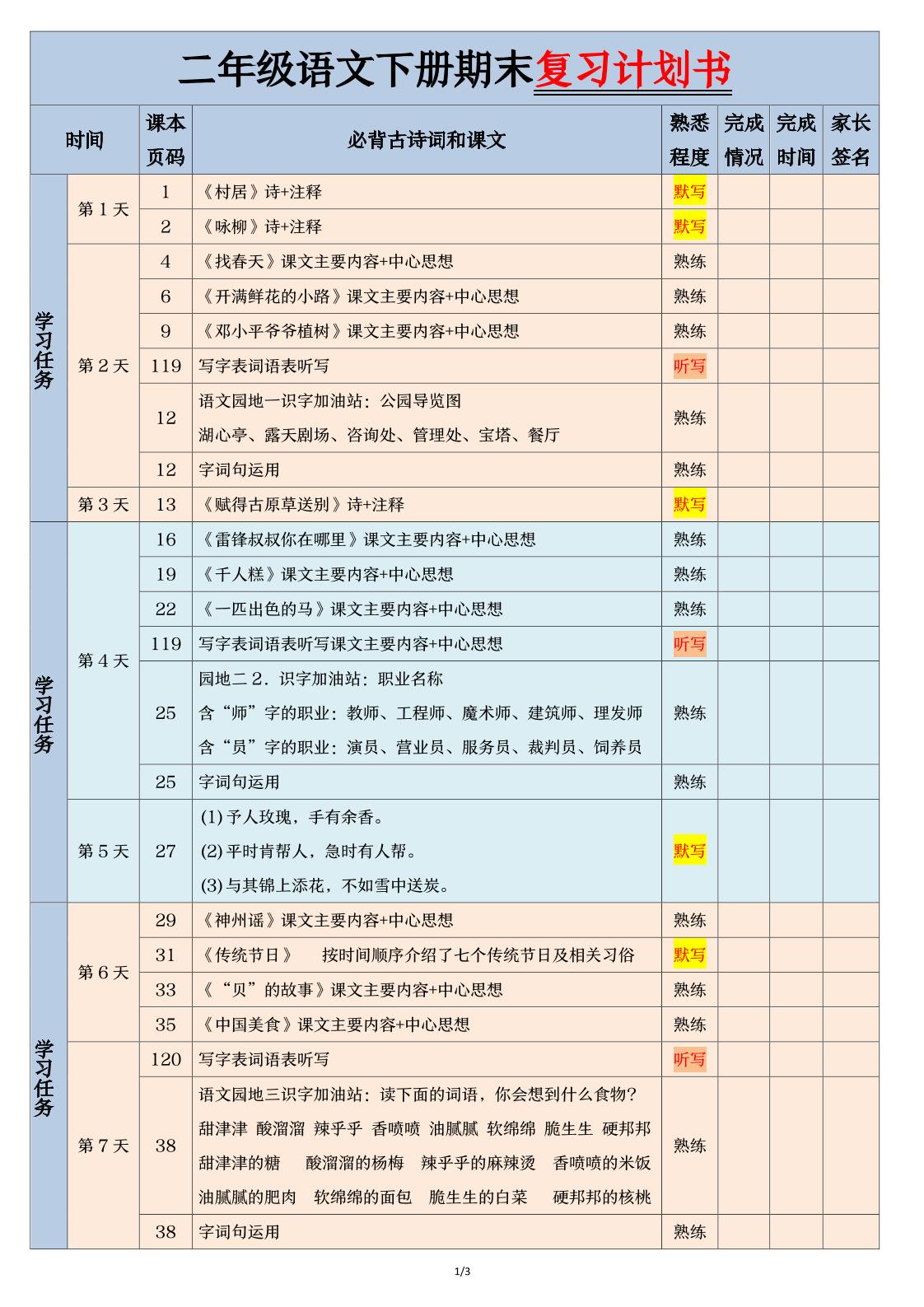 二下语文【期末三轮复习法闯关表】（3页）-米秀网