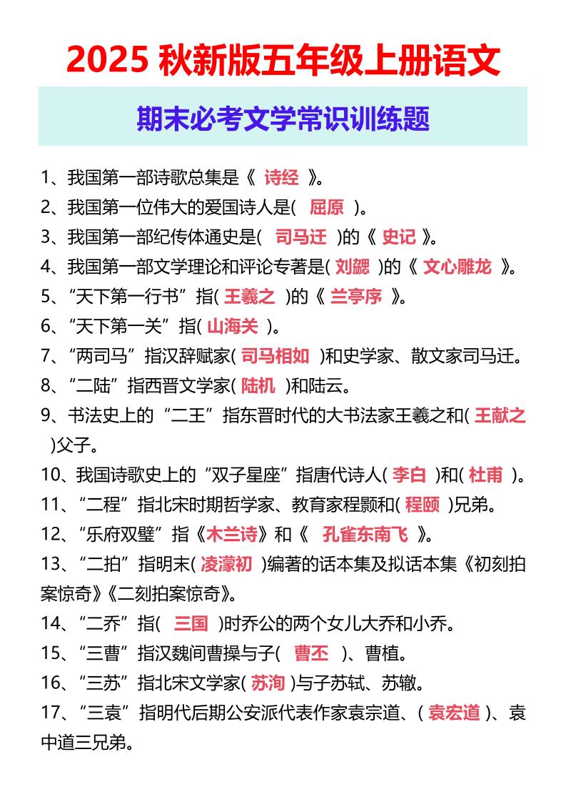 【2025秋新版】五年级上册语文期末必考文学常识训练题-米秀网