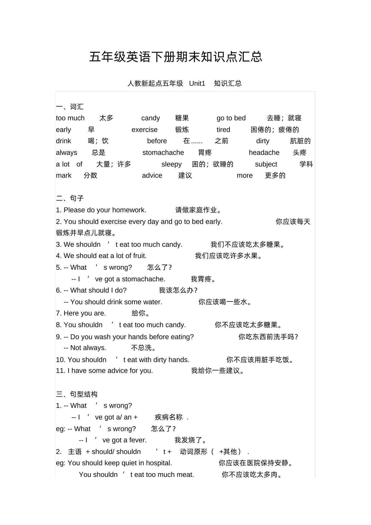 五年级英语下册期末知识清单汇总(人教新起点)-米秀网