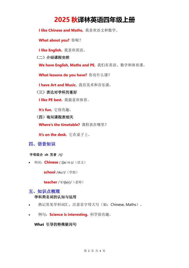 2025秋译林英语四上Unit1知识清单插图1