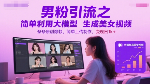 男粉引流之简单利用大模型生成美女视频，条条原创爆款，简单上传制作，变现日1k+-米秀网