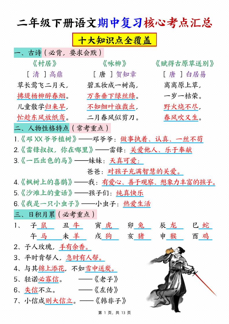 二下语文期中复习核心考点汇总（10大知识点）13页-米秀网