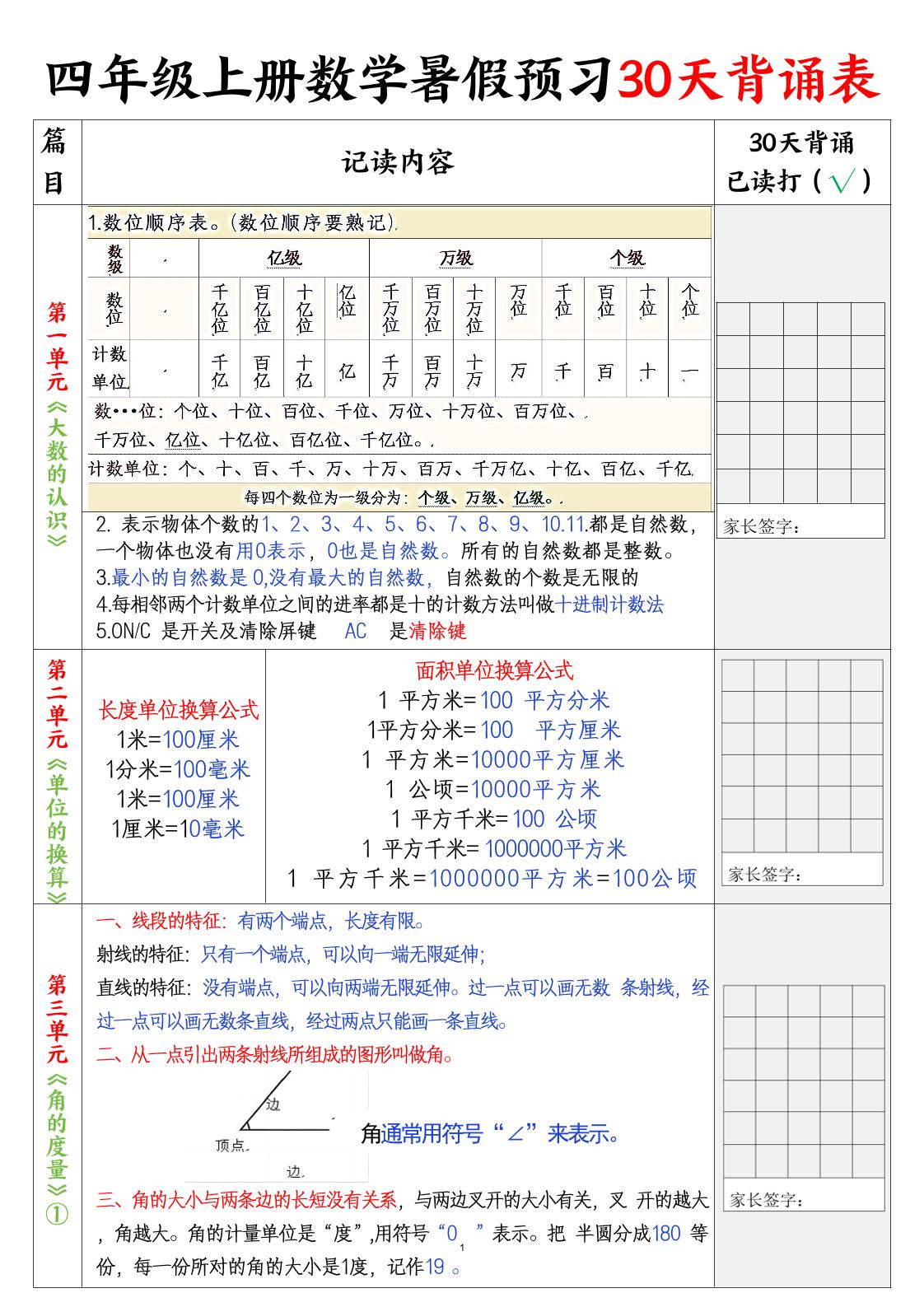 四上数学30天记录单-米秀网