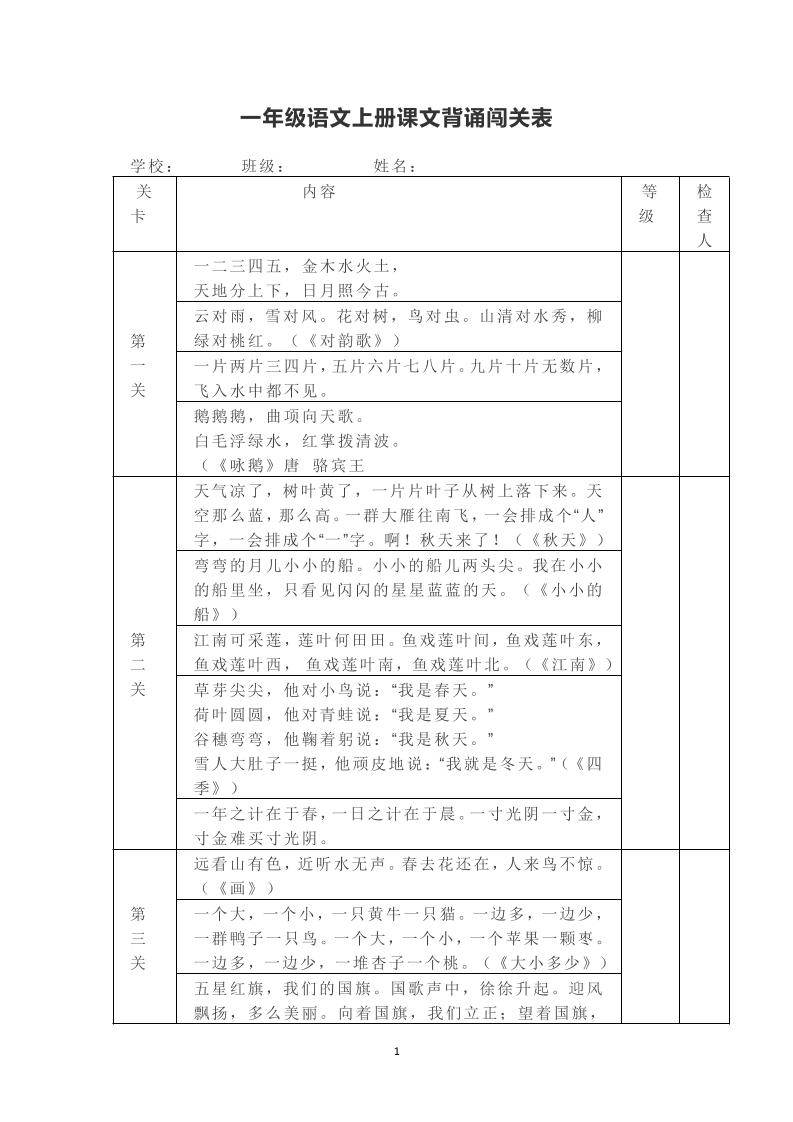 一年级上册语文背诵课文内容及闯关表-米秀网