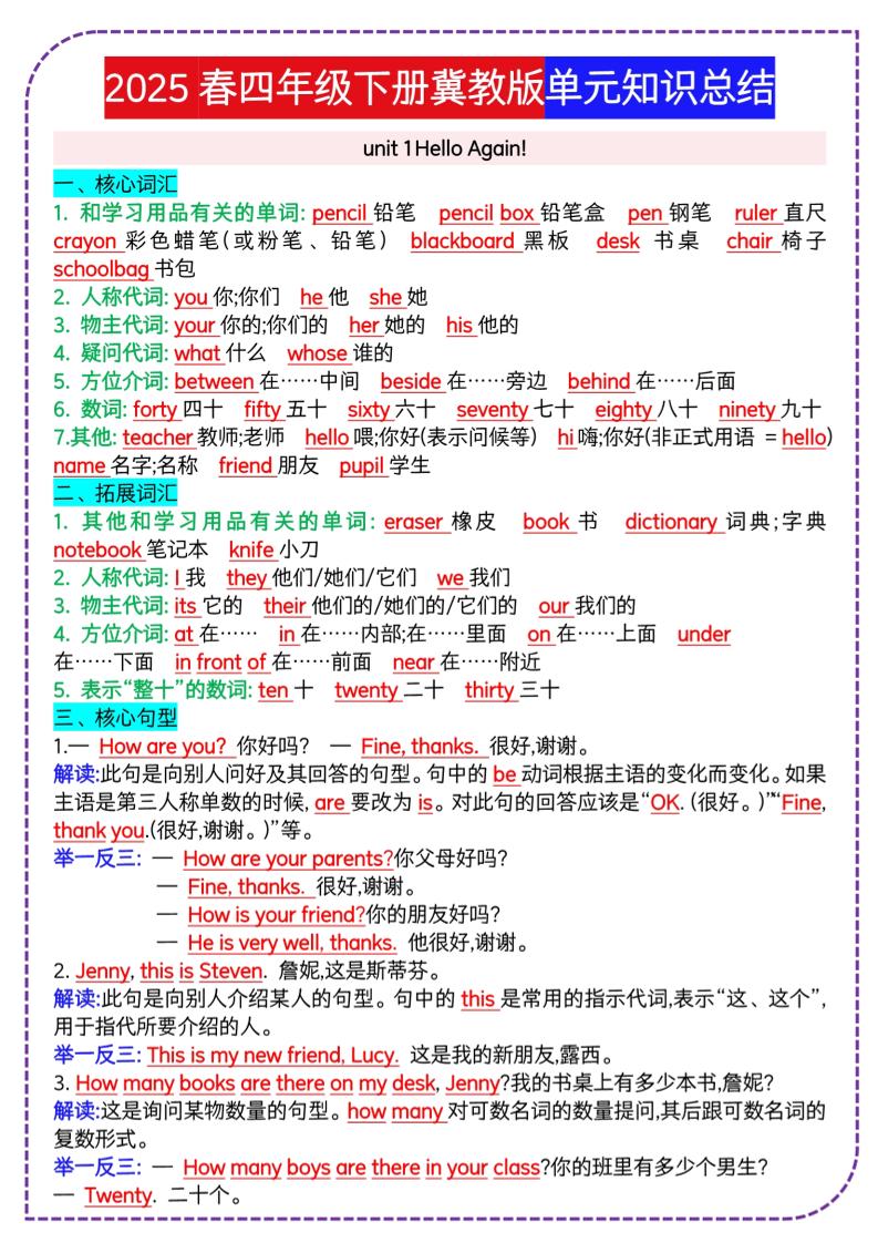 四下英语冀单元知识总结-米秀网