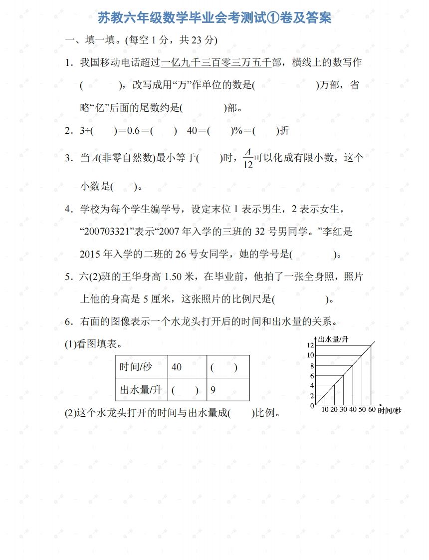 苏教六年级数学下册期末测试①卷及答案-米秀网