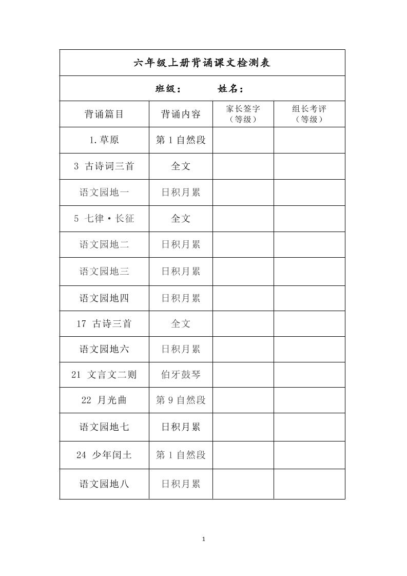 六年级上册背诵课文检测表及内容-语文-米秀网