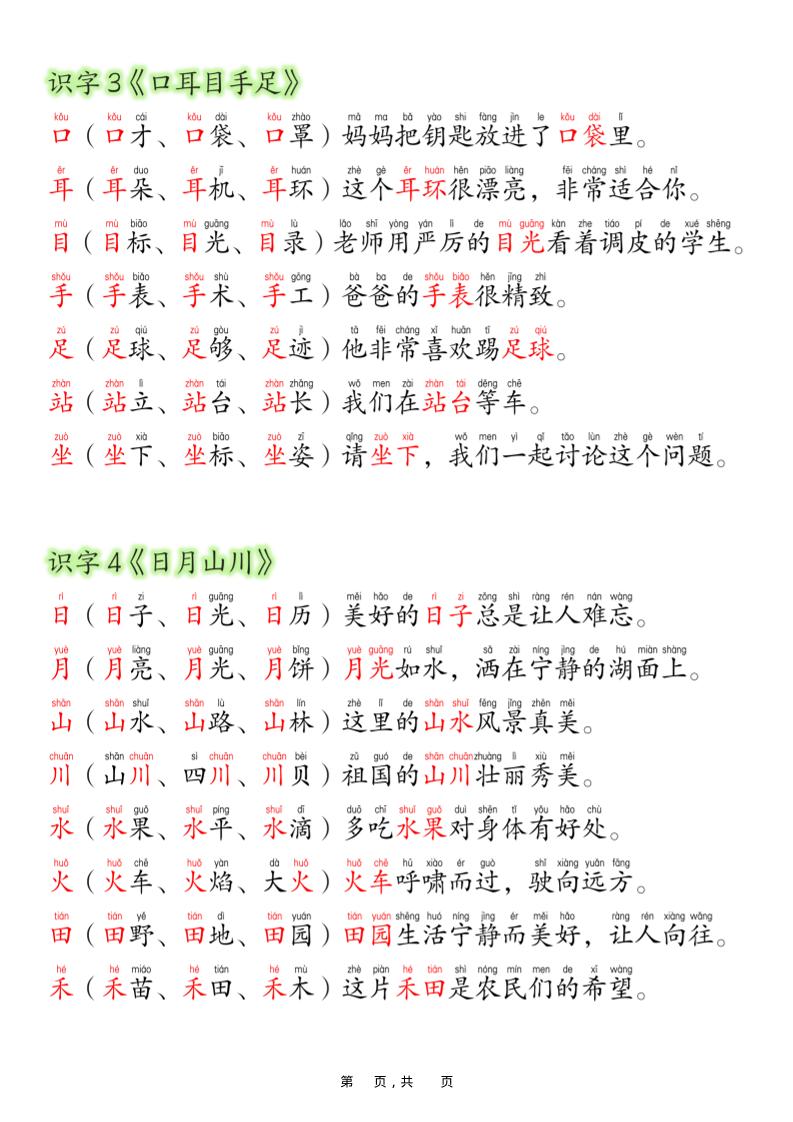 新版一年级上册语文每日晨读彩色版（生字拼音组词造句）19页插图1