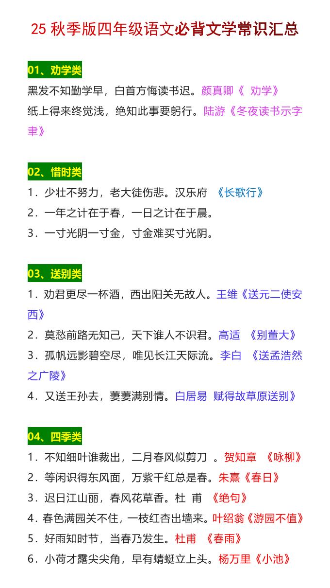 【2025秋新版】四年级语文上册必背文学常识汇总-米秀网