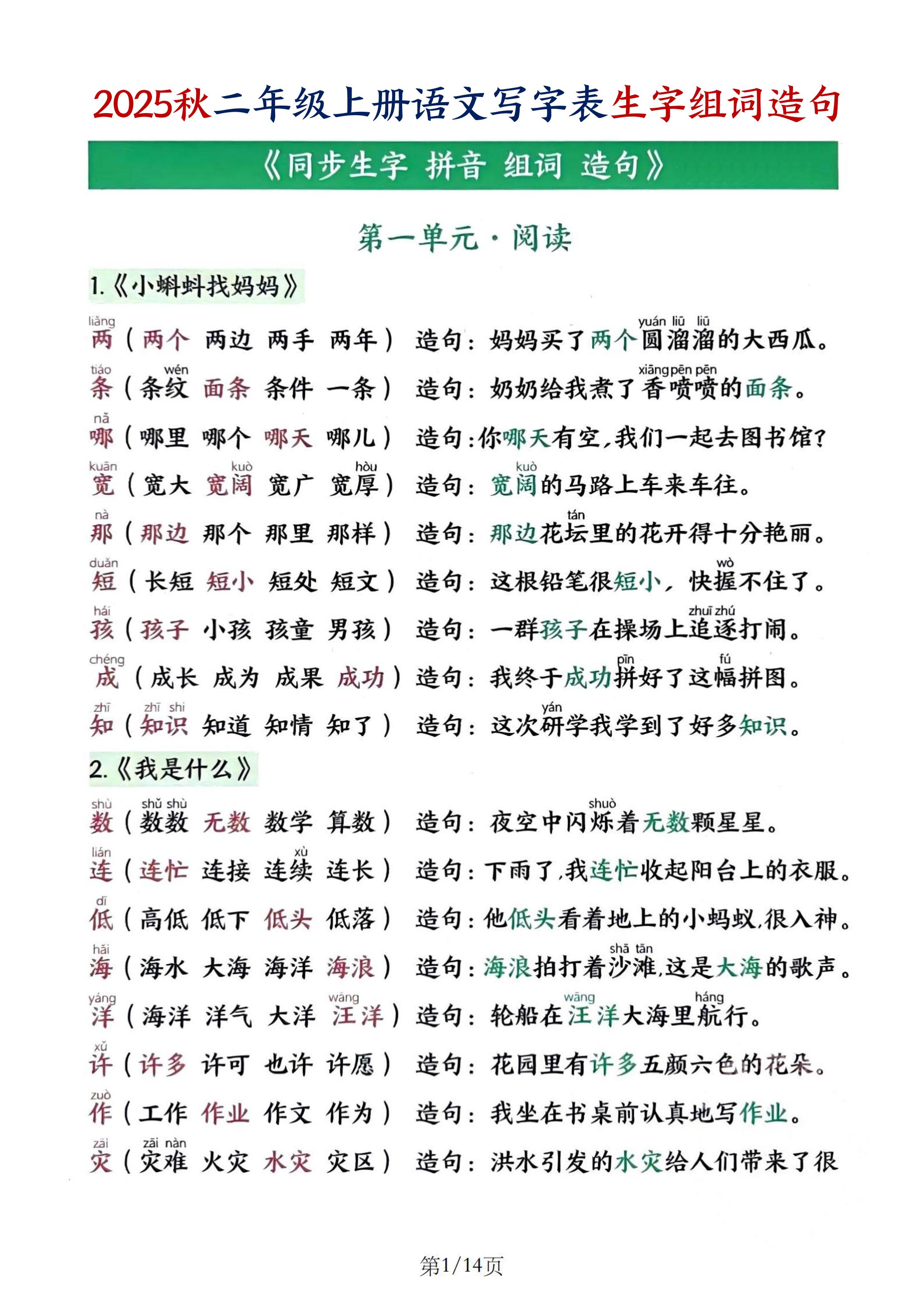 25秋二上语文写字表生字组词造句（14页）-米秀网