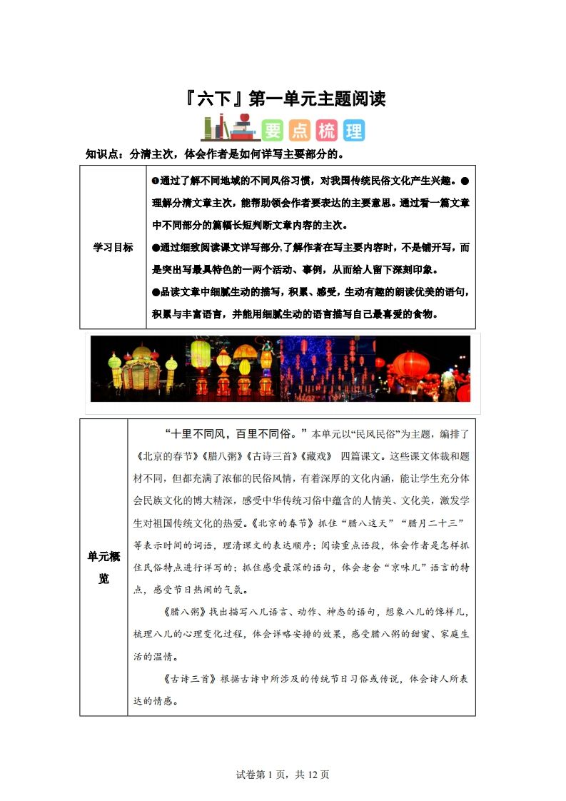 【主题阅读】统编版语文六年级下册第一单元“民风民俗”（主题阅读）-米秀网