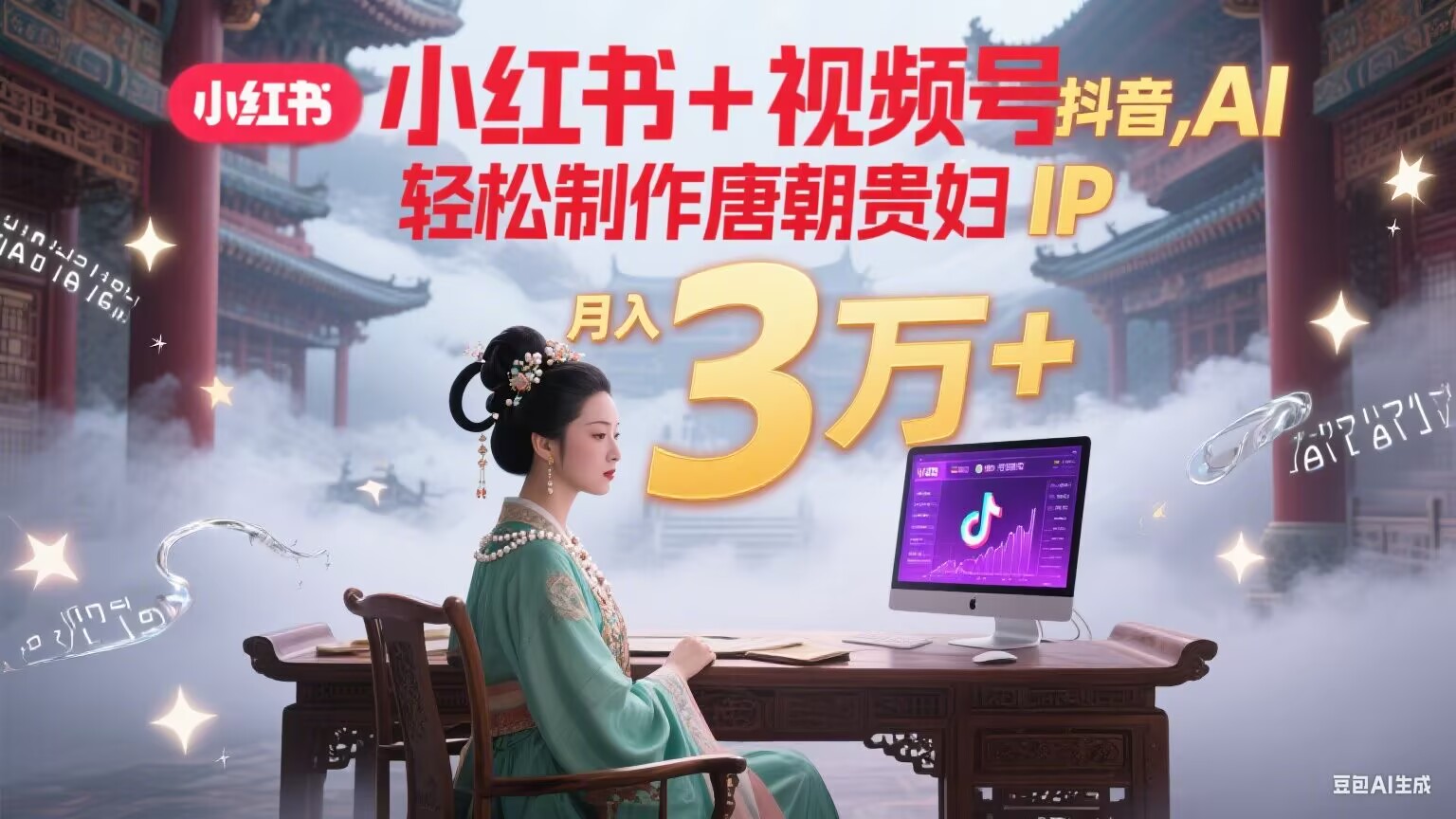 小红书+视频号+抖音，AI轻松制作唐朝贵妇IP，毒鸡汤、励志、减肥瘦身、养生赛道轻松切入，每天30分钟，轻松产出N条，月入3万+-米秀网