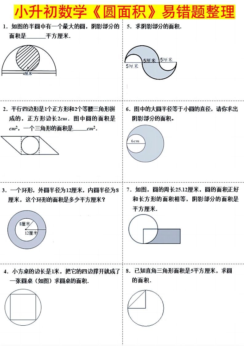 小升初数学（圆面积）易错题整理-米秀网