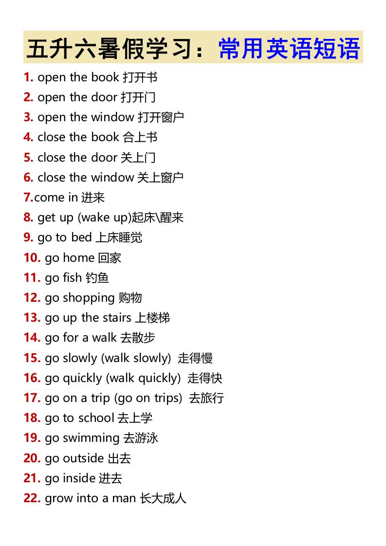 五升六暑假学习：常用英语短语-六上英语-米秀网