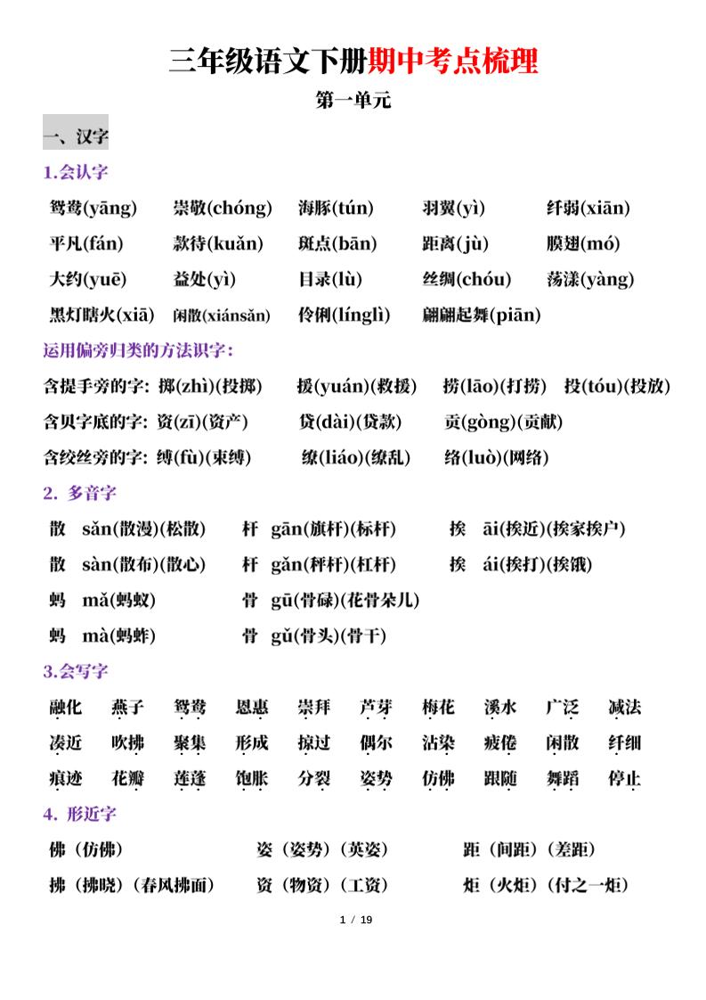 三下语文期中考点梳理19页-米秀网
